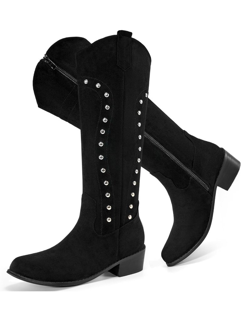 Women's Black Western Knee High Wide Calf Suede Cowgirl Boots Comfortable